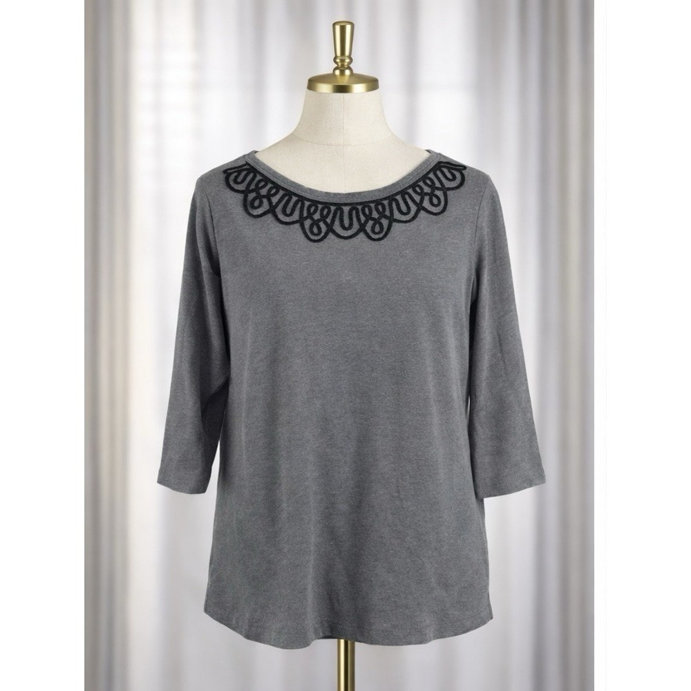 Lands End Womens Tunic Knit Popover Top Size L Gray Black Scalloped Neckline